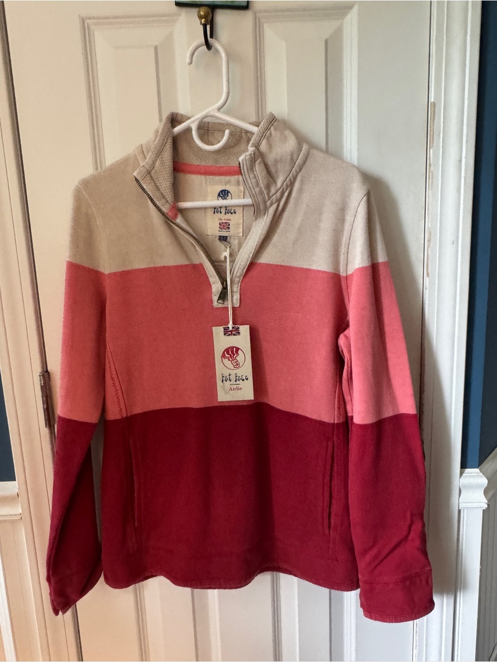 Fat Face Women's Tri-Color Stripe Half-Zip Pullover - Cream, Pink, Red